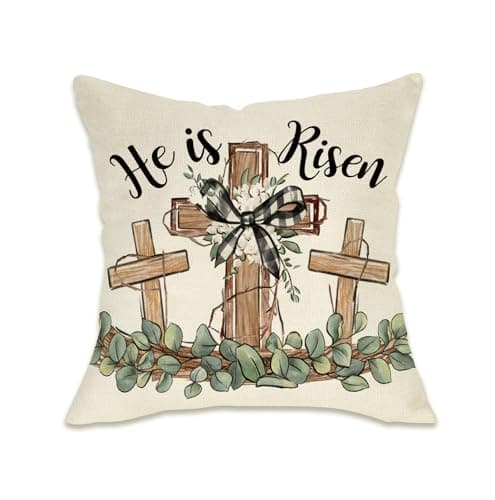 Fahrendom Christian Easter Decorative Throw Pillow Cover 20 x 20, Religious Cross He is Risen Porch Patio Outdoor Pillowcase, Spring Plaid Bow Eucalyptus Leaves Sofa Couch Cushion Case Home Decor
