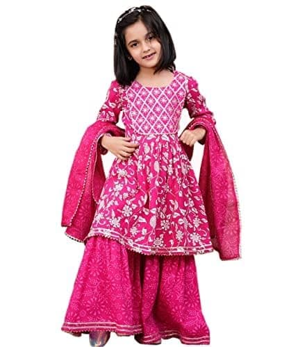 Aashita Creations Girls Festive & Party Wear Kurta Sharara Set with Dupatta (Pink, 5 to 6 Years)