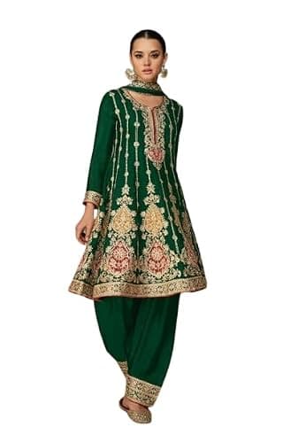 DREAMANGEL FASHION Womens kurta set Chiffon Embroidered Peplum With Pant and Dupatta (US, Alpha, Medium, Regular, Regular, Green)