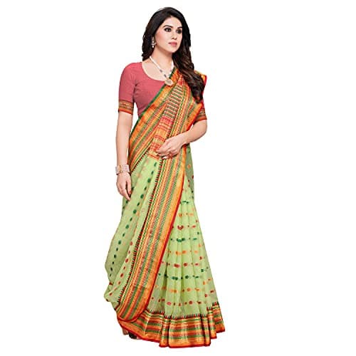 Sidhidata Women's Kota Doria Cotton Manipuri Saree With Unstitched Blouse Piece (Butti Light Green_Light Green_Free Size)
