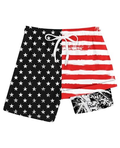 Cozople Boys Swim Trunks Stripes and Stars Print Quick Dry Swimming Shorts Bathing Suits with Comprssion Liner 4-Way Stretchy Surfing Boardshorts Funny 3D Graphic Swim Shorts Swimwwear