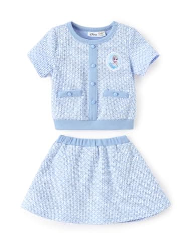 Disney Frozen Elsa Toddler Girl 2 Piece Outfit Blue Short Sleeve Character Print Button Knit Elegant Top & Tweed Skirt Set Birthday Party Dress Theme Park Costume Summer Holiday Clothes Gift 2T
