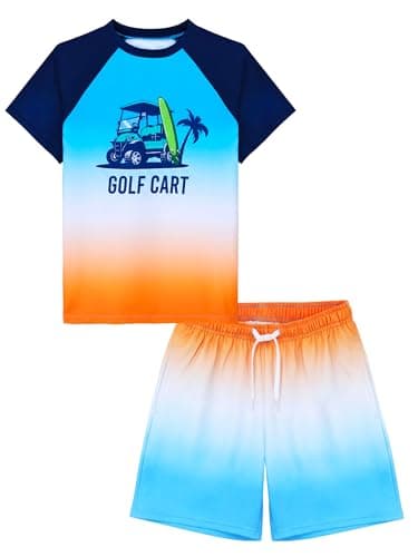 Cooraby 2 Piece Boys Swim Set Rash Guard UPF 50+ Quick-Dry Swimwear with Drawstring Pockets Beach Swimsuits 7-14 Years