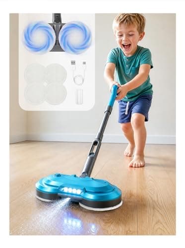 BLAXTEM Kids Electric Mop Toy, Rechargeable Cordless Electric Spin Mop W/Water Sprayer & LED Headlight for Children Ages 3 4 5 6+ Boys & Girls, Cleaning Toy for Pretend Play (Blue/Gray)