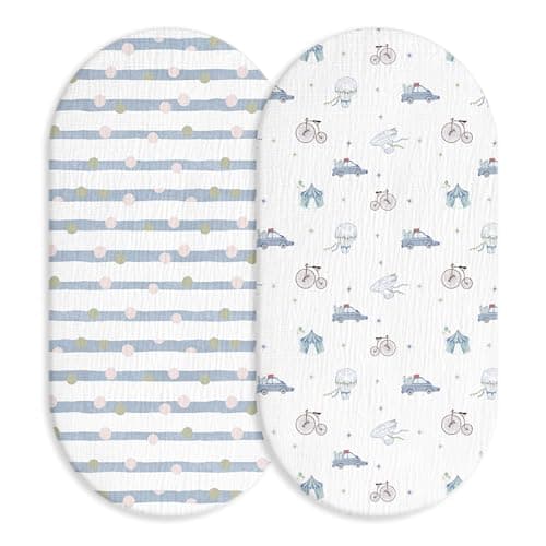 Muslin Bassinet Fitted Sheets 2 Pack, Soft Breathable Cotton Baby Bassinet Mattress Sheet Set, 360° Elastic Snug Fit, Universal for Oval, Rectangle & Hourglass Cradle, Unisex Baby Bedding (Cute Cars)