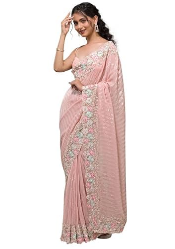 TRENDMALLS Women's Georgette Sequence Embroidery work Saree with Unstitch Blouse Piece (K1100-Pink-)