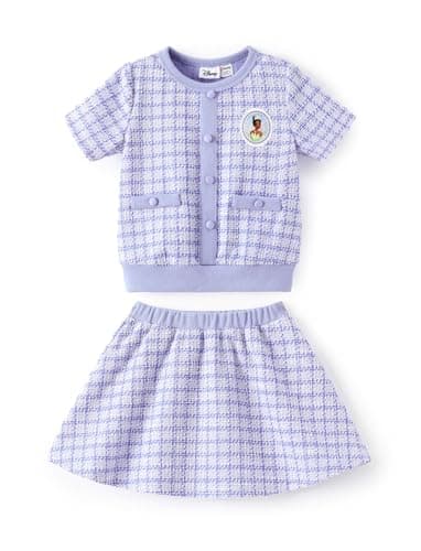 Disney Princess Tiana Toddler Girl 2 Piece Outfit Light Purple Short Sleeve Character Print Button Knit Elegant Top & Tweed Skirt Set Birthday Party Dress Costume Summer Holiday Clothes Gift 2T