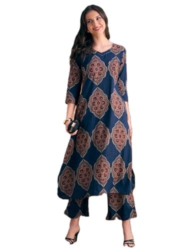 Women’s Printed Kurta Set with Palazzo Pants | Ethnic Indian Outfit | 3/4 Sleeve Casual & Festive Wear (US, Alpha, Small, Regular, Regular, Blue)