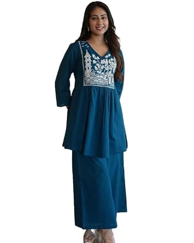 ANUSHIL Women’s Cotton Embroidered Kurta with Palazzo Set | V-Neck | Office Wear & Festive Ethnic Suit Set (Blue, L)