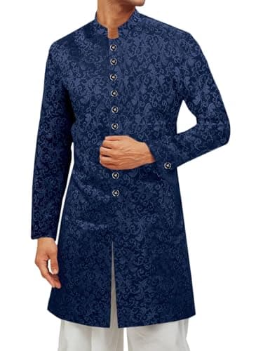 Runcati Mens Kurta Sherwani Coats Kaftan Indian Ethnic Royal Suits Mandarin Collar Wedding Festive Party Blazer Navy
