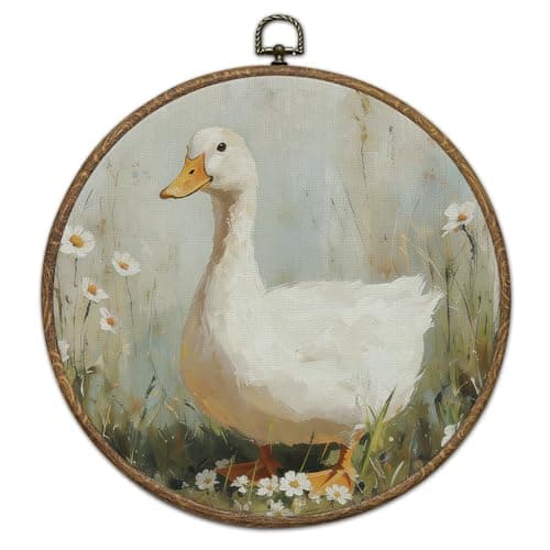 bxtala Vintage Goose Round Wall Art, Floral Duck Cottage Core Wall Hanging Decor, 10"x10" Circle Canvas Frame Prints for Home Bedroom Church Prayer Room Decorations -07