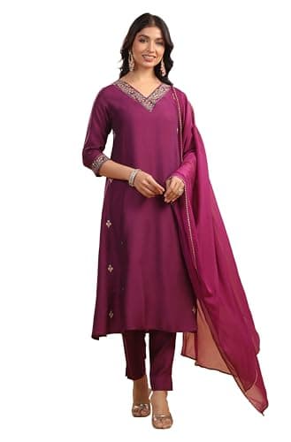 Janasya Indian Women's Purple Embroidered Kurta Kurti Top Tunic Festive Wedding Party wear Kurta Set with Dupatta for Women