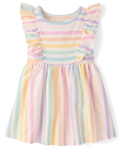 The Children's Place,Baby-Girls,and Toddler Flutter Dress, Short SleeveRainbow Stripes,4 Years