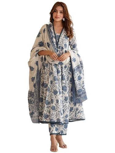 INDACORIFY Floral Printed Anarkali Cotton Kurta with Pant & With Dupatta Indian Suit (Blue, XL)