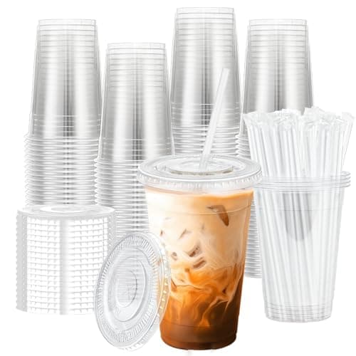 BYSNOW 20 oz 100 Pack Clear Plastic Cups with Lids and Straws, Disposable Iced Coffee Cups for Cold Drinks, Smoothies and To-Go Drinks