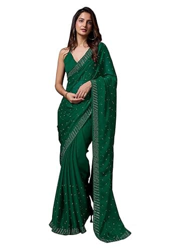 TRENDMALLS Women's Moss Chiffon Siroski work Saree With Unstitched Blouse Piece (K961-DarkGreen-)