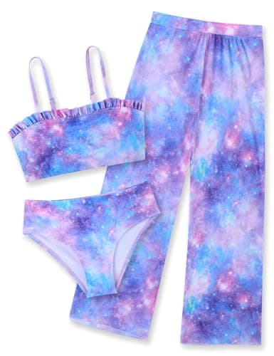 Girls Swimsuits Size 12 14 Teens Summer 3pcs Bikini Bathing Suits 13 14 Year Old Junior Cute Purple Galaxy Tankini Swim Suits with Mesh Cover ups Long Pant Teen Quick Dry Swimming Wear for Holiday