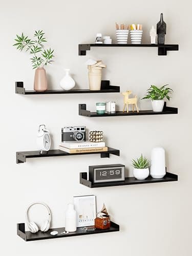 FNBAR Floating Shelves for Wall, Shelves for Decor Storage Set of 6, Wall Mounted Wood Shelf for Bedroom, Living Room, Bathroom, Kitchen,Long Picture Ledge Shelves.(Black)
