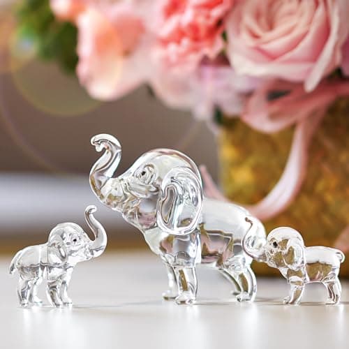LOULIQIGIFT Set of 3 Crystal Elephant Figurines Glass Elephants Figurine Collectible Gifts for Mom Small Animal Statues Decor for Home Office Mother's Day Table Centerpiece