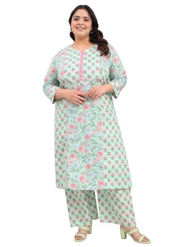 Tissu Plus Women's Pure Cotton Green Floral Printed Kurta with Palazzo (Plus-737_Green_6XL)