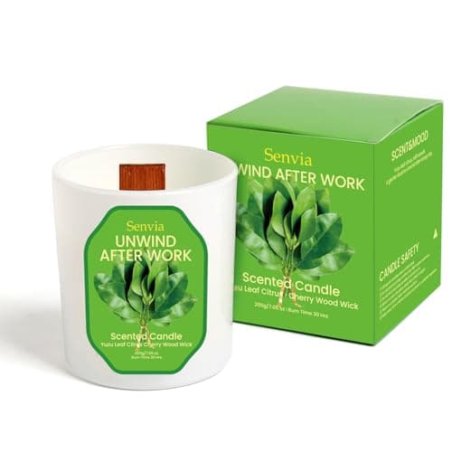 Senvia Crackling Wood Wick Candle, Best Non Toxic Clean Citrus Scented Candle for Home, Long Lasting Strong Scent for Small to Medium Rooms, Stress Relief, Clean Burn, Lead-Free