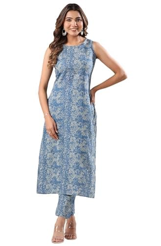 Janasya Indian Women's Cotton Blue Casual Wear Kurta Set for Women
