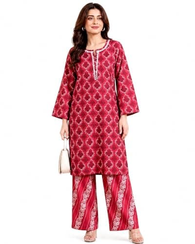 ZAREEVA Women’s Kurta Set with Printed Design & Straight Pants | Ethnic Wear for Office, Casual & Daily Wear (US, Alpha, Large, Regular, Regular, Pink)