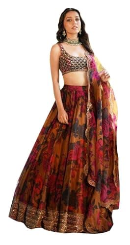 RoohVastra Ready To Wear Indian Lehenga Choli, Duppatt with Stitched Blouse For Women, Bridesmaid, Party, Festival Wear 354 (Mustrad yellow, 36)