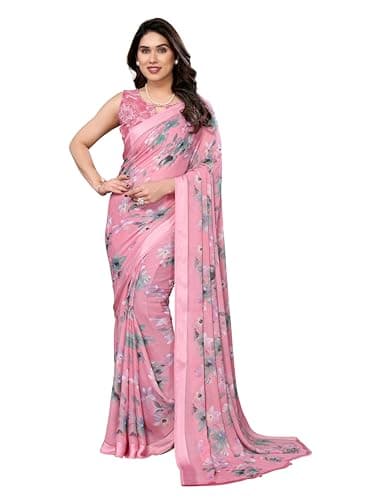 MOHIT CREATIONS Women's Partywear Printed Saree with Unstitched Blouse (Piink)