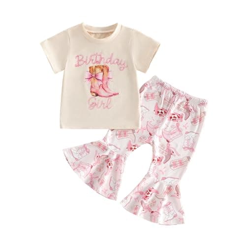 Awwpiely My First Rodeo Baby Girl Outfit Newborn Spring Cowgirl Western Clothes Long Sleeve Romper Bell Bottom Pants 3Pcs Set (Apricot-Rodeo Baby, 6-12 Months)