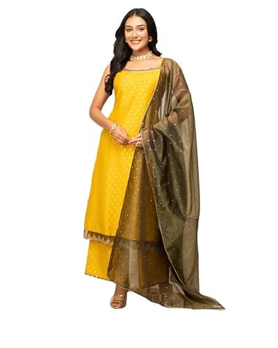 FIORRA Women's Yellow Silk Blend Straight Kurta with Palazzo and Dupatta SET0119