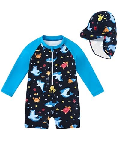 Ghteas Baby Boy Swimsuit One Piece Rash Guard Long Sleeve Bathing Suit 12-18 Months Pool Swimwear with Hat Zipper UPF 50+ Blue Shark