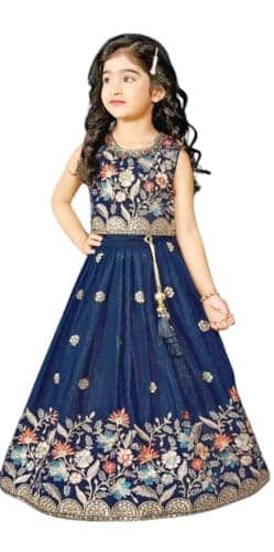 Kids Sleeveless South Indian Traditional Lehenga Choli Special Baby Girls Ethnic Party Wear (Blue, 12-13 Years)