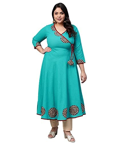 Yash Gallery Women's Cotton Slub Patch Work Angrakha Kurta (Teal Blue)