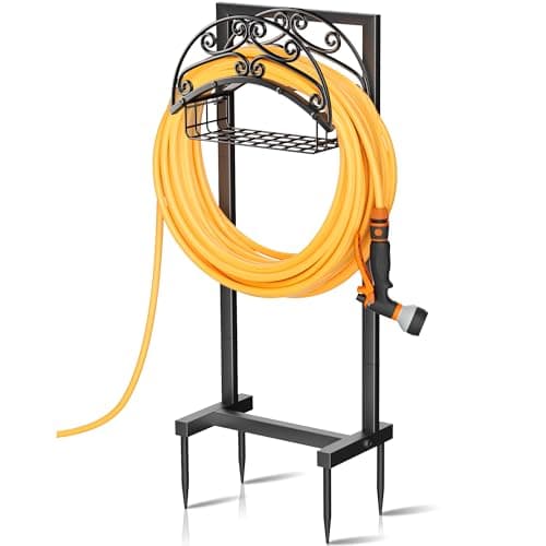 Gayuteay Garden Hose Holder – Water Hose Reel Stand with Storage Basket Holds 151ft, Heavy Duty Freestanding Garden Hanger Storage Rack for Outside Yard Lawn Farm $28.47