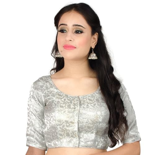 Chandrakala Banarasi Blouses for Women Sarees,Readymade, Silver,X-Large (B214SIL5)