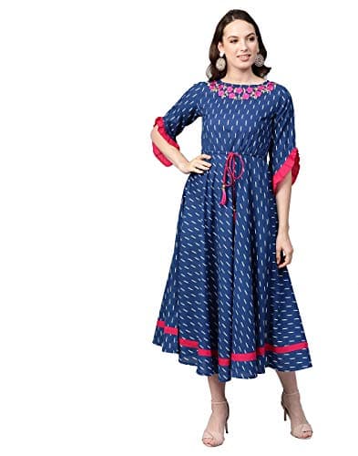 Yash Gallery Women's Cambric Cotton Anarkali Kurta - Flared Calf-Length Kurti Dress for Girl (Blue, L)