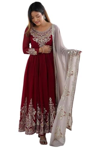 Indya Red Embroidered Blended Anarkali Set – Embroidered for Festive | Long Sleeve | Crew Neck | Salwar Kameez | Kurta Set