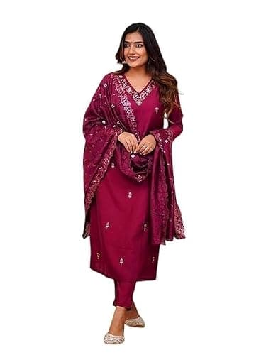 FOXDX Women Cotton Silk Embroidered Kurta Pant with Dupatta Set – Traditional Ethnic Wear for Women (US, Alpha, Medium, Regular, Regular, Maroon)