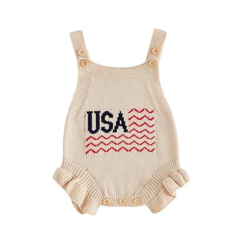 FYBITBO Baby Sweater Knit Romper Newborn Girl Strawberry Sweaters Onesie Overalls Fall Winter Clothes Summer Outfit (Beige USA flag, 0-3 Months)