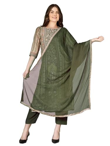 ladyline Womens Semi Formal Royal Crepe Salwar Kameez Suit Set - Ethnic Printed + Embroidered with Pants & Chiffon Dupatta – 3 Pc Kurta Set (CRPESK KNSHA) (46/ Green)