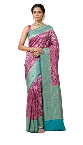 KAMLA CREATION Women's Kanjivaram Soft Silk Saree With Unstitched Blouse Piece 5.5 Metres (Rani pink & rama)