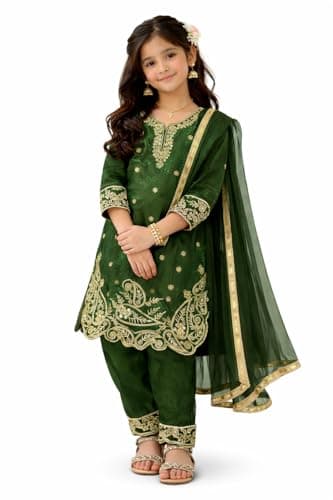 disson Girls Kurta Pant Set with Dupatta | Kids Ethnic Suit for Girls | Green & Cream Indian Pakistani Dress | Party Wear (US, Age, 4 Years, 6 Years, Green)