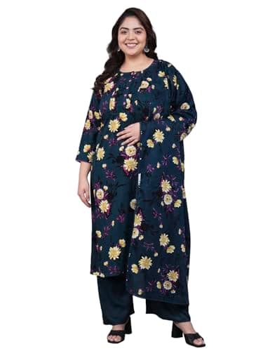 Tissu Women's Plus Size Navy Floral Printed Kurta & Palazzo With Dupatta (683_Dark Blue_8XL)
