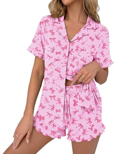 Ekouaer Pajamas Set for Women Button Down Pjs Lounge Sets Ruffle Short Sleeve Sleepwear Cute Loungewear