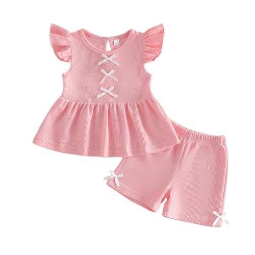 GOOCHEER Toddler Girl Clothes Baby Summer Outfit Solid Ruffle Sleeveless Vest Tank Top Pants Set 12 18 24 Month 2T 3T 4T 5T (#Flying-Light Pink, 12-18 Months)