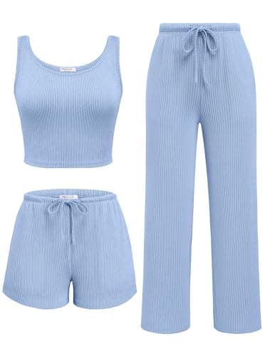 3-Piece Ekouaer Women's Lounge Crop Top Shorts & Pants Set w/ Pockets (Various) $13.99 + Free Shipping w/ Prime or on $35+