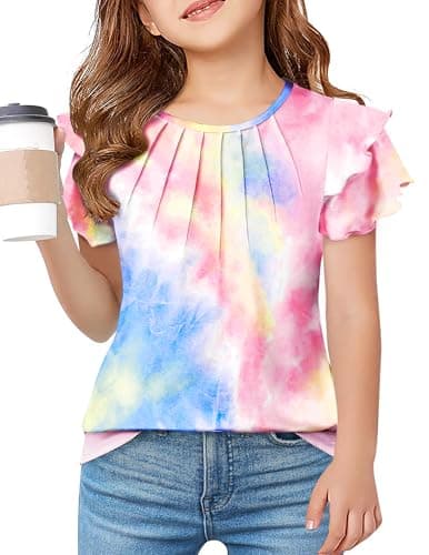 Arshiner Girls Short Sleeve T Shirts Kids Summer Crewneck Tops Pleated Casual Tees Tie Dye Pink 9-10 Years