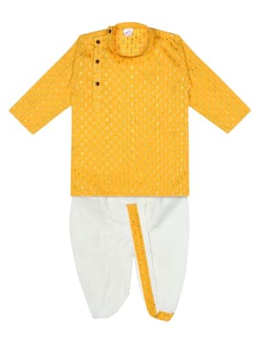 Superminis Boy's Cotton Kurta with Dhoti - Golden Thread Work, Round Collar, Side Button Kurta Set for Ethnic Wear (Yellow+White, 3-6 Months)