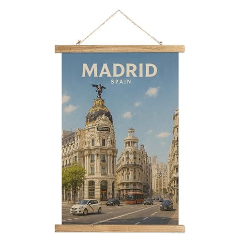 WREVERW Vintage Madrid Wall Art Poster, Spain Metropolis Building Cityscape Canvas Hanging Scroll with Wooden Frame, Travel Decor for Living Room Bedroom Office, 16x23 Inch